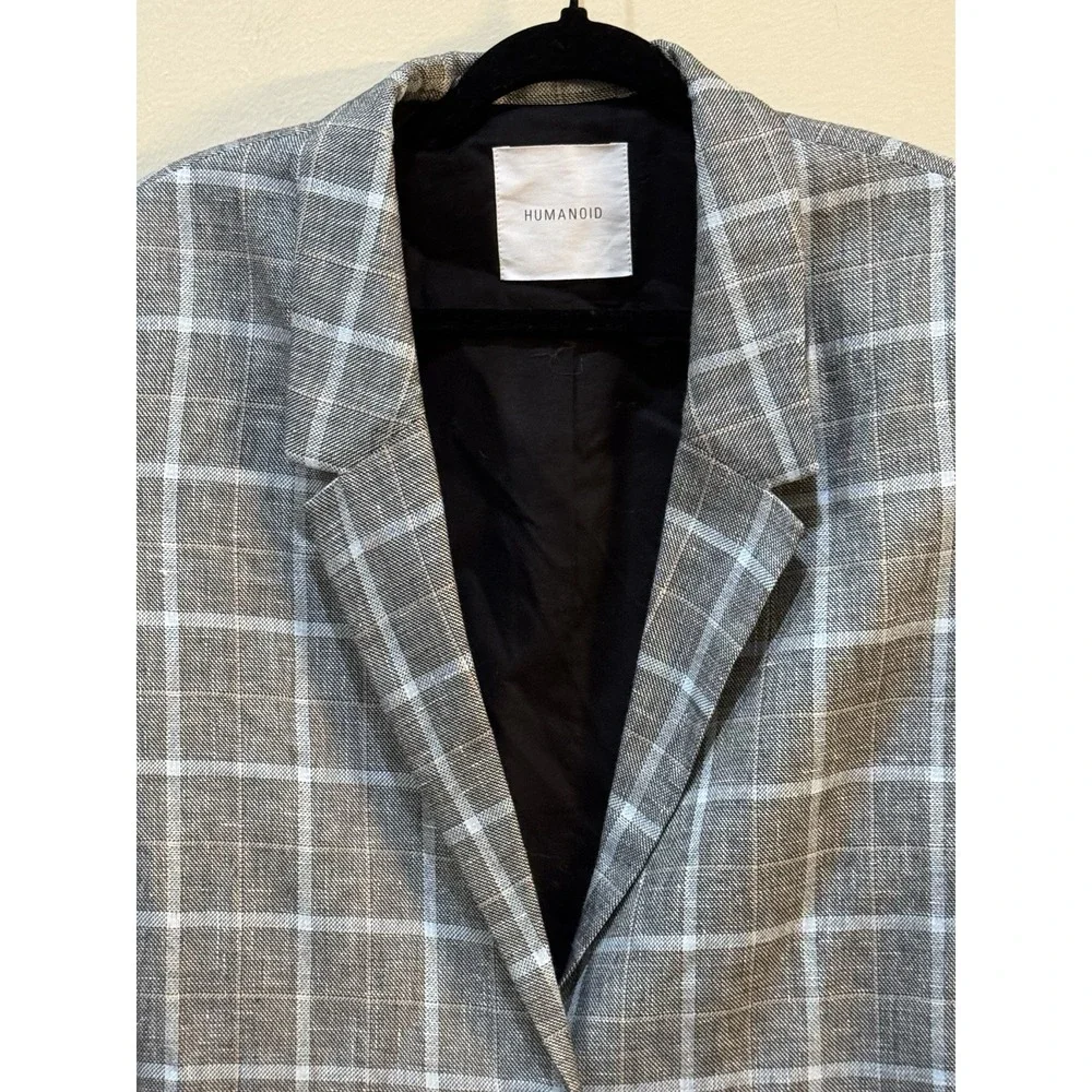 Humanoid  Linen Cotton Plaid Blazer Jacket‎ Size Small Oversized